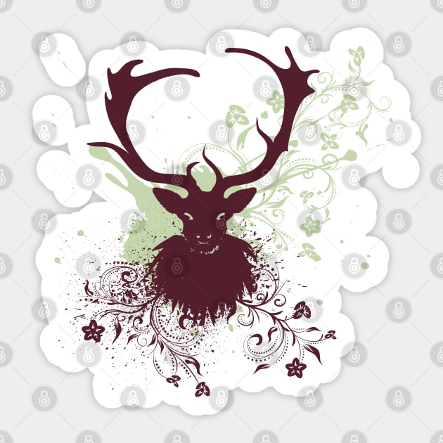 Grunge Stag head with Floral Sticker by AnnArtshock